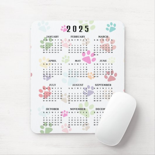 Farbenfrohe Paw Prints 2025 Kalender Mousepad (Mit Mouse)