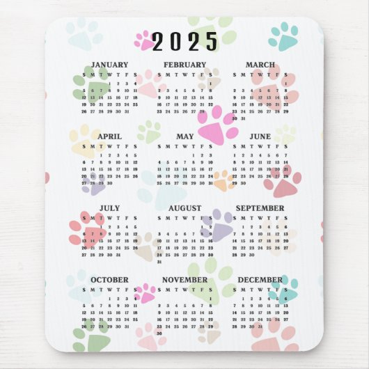 Farbenfrohe Paw Prints 2025 Kalender Mousepad (Vorne)