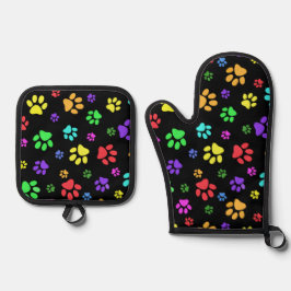 Farbenfrohe Paw Prints Design Ofenhandschuh & Topflappen-Set