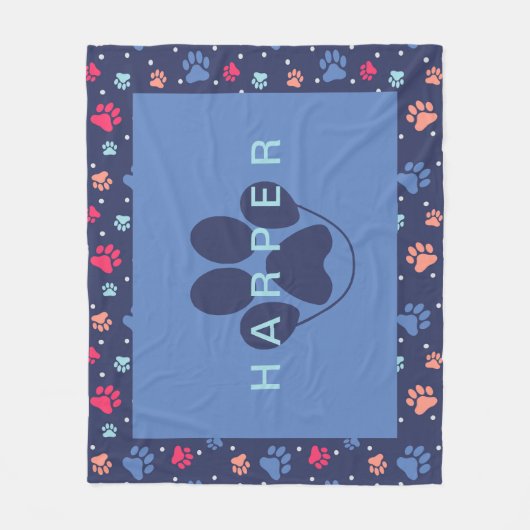 Farbenfrohe Paw Prints Personalisierte blaue Navy  Fleecedecke (Vorderseite)