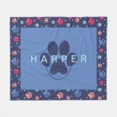 Farbenfrohe Paw Prints Personalisierte blaue Navy  Fleecedecke (Vorderseite (Horizontal))