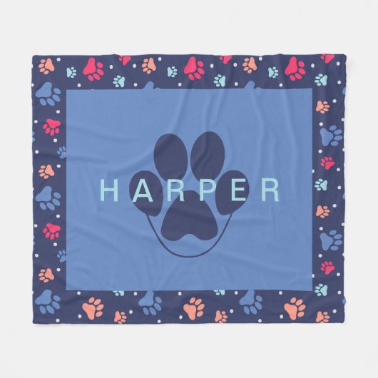 Farbenfrohe Paw Prints Personalisierte blaue Navy  Fleecedecke (Vorderseite (Horizontal))