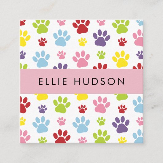 Farbenfrohe Paws, Hundehaufen, Hundewanderer, Pet Quadratische Visitenkarte (Vorderseite)