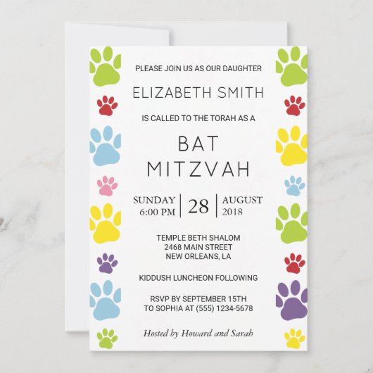 Farbenfrohe Paws, Paw-Muster, Hundepaws, Bat Mitzv Einladung (Vorderseite)