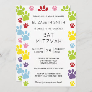 Farbenfrohe Paws, Paw-Muster, Hundepaws, Bat Mitzv Einladung