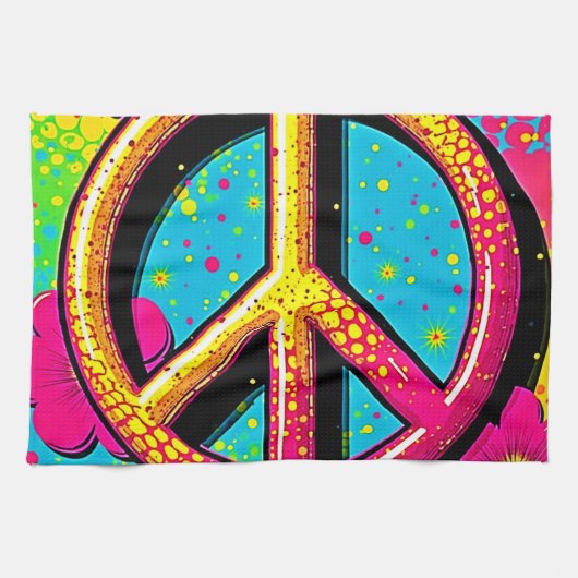 Farbenfrohe Peace & Love Stimmung Geschirrtuch (Horizontal)