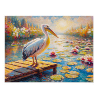 Farbenfrohe Pelikane und Lilienpads Decoupage Poster