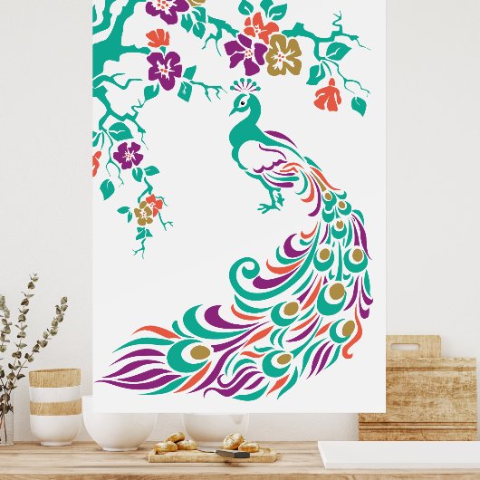 Farbenfrohe Pfau- und Kirschblütenposter Poster (Küche)