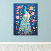 Farbenfrohe Pfaue mit blauen grünen Orangenfedern Leinwanddruck (Insitu (Holzboden))