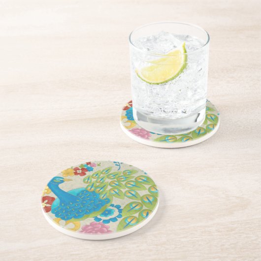 Farbenfrohe Pfaue und Blume Getränkeuntersetzer (Seite)