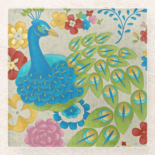 Farbenfrohe Pfaue und Blume Glasuntersetzer (Vorderseite)
