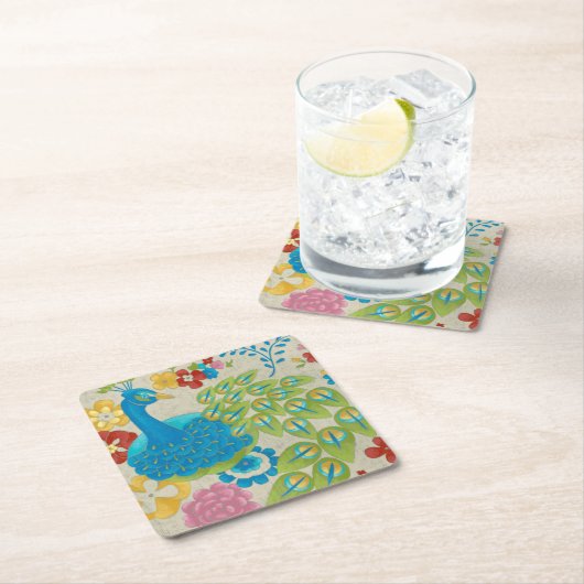 Farbenfrohe Pfaue und Blume Rechteckiger Pappuntersetzer (Vor Ort)