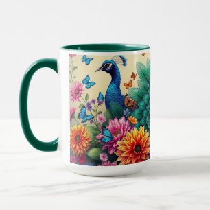 Farbenfrohe Pfaue und Blume Tasse
