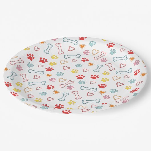 Farbenfrohe Pfauen, Herz und Knochen Doodle Pappteller (Schrägansicht)