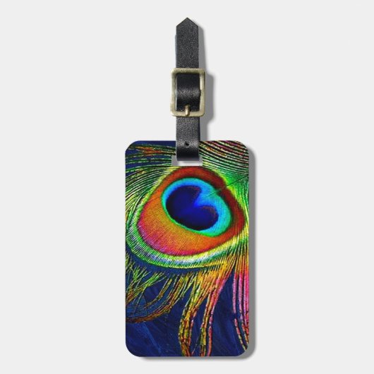 Farbenfrohe Pfauenfeder Gepäckanhänger (Vorderseite vertikal)