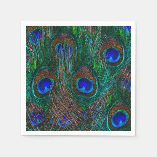Farbenfrohe PfauenFedern Etching Style Serviette (Vorderseite)