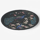 Farbenfrohe Pfauenschwarz Pappteller (Schrägansicht)