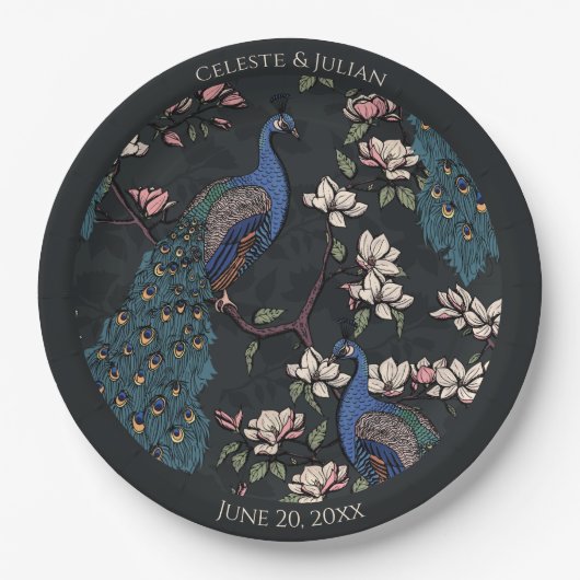 Farbenfrohe Pfauenschwarz Pappteller (Vorderseite)