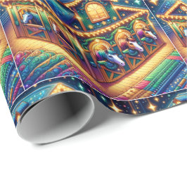 Farbenfrohe Pferde aus dem Weihnachtsstall schauen Geschenkpapier