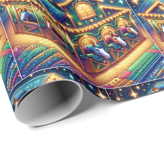 Farbenfrohe Pferde aus dem Weihnachtsstall schauen Geschenkpapier (Rolleneckpunkt)