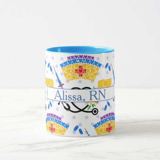 Farbenfrohe Pflegewerkzeuge für blaue Polka-Punkte Tasse (Zentrum)