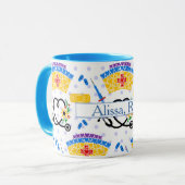 Farbenfrohe Pflegewerkzeuge für blaue Polka-Punkte Tasse (Vorderseite Links)