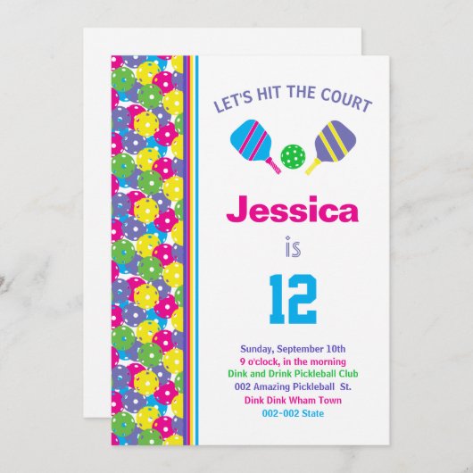 Farbenfrohe Pickleball B'day Party + UAWG Einladun Einladung (Vorne/Hinten)