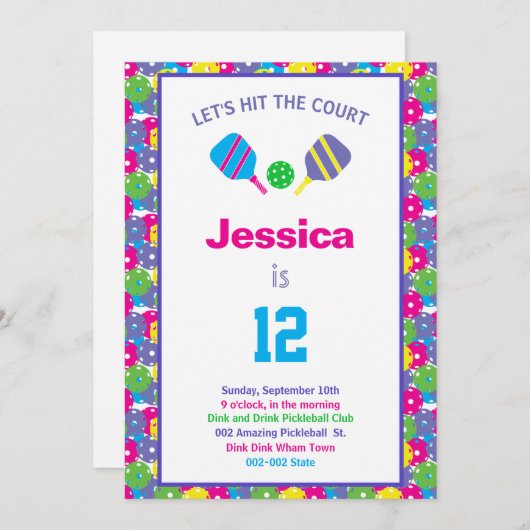 Farbenfrohe Pickleball B'day Party + UAWG Einladung (Vorne/Hinten)