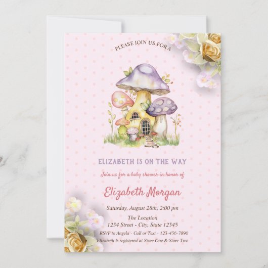 Farbenfrohe Pilze Gold Rose Polka Dots Einladung (Vorderseite)