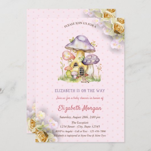 Farbenfrohe Pilze Gold Rose Polka Dots Einladung (Vorne/Hinten)