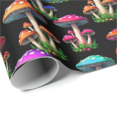 Farbenfrohe Pilze im schwarzen Hintergrund Geschenkpapier (Rolleneckpunkt)
