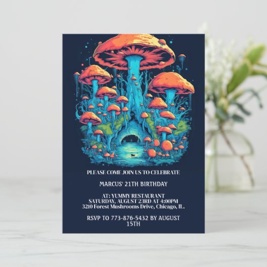 Farbenfrohe Pilzwälder Print Birthday Party Einladung (Stehend Vorderseite)