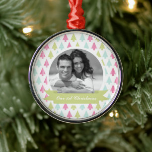Farbenfrohe Pine Trees Weihnachts-Foto Silbernes Ornament
