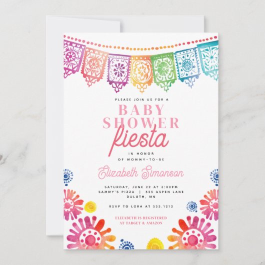 Farbenfrohe Pink Baby Dusche Mexican Fiesta Einladung (Vorderseite)