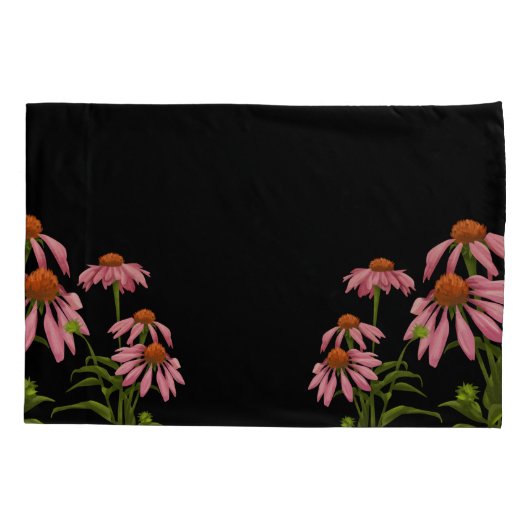 farbenfrohe Pinkblumen auf schwarzem Hintergrund Kissenbezug (Rückseite)