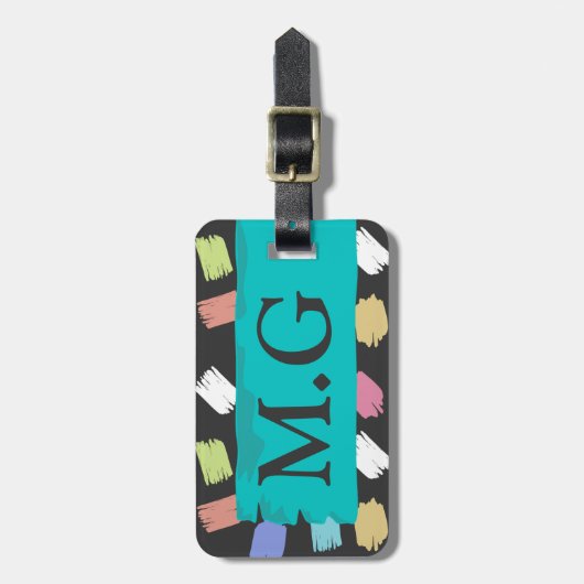 Farbenfrohe Pinselstriche auf Schwarz-Muster-Monog Gepäckanhänger (Vorderseite vertikal)