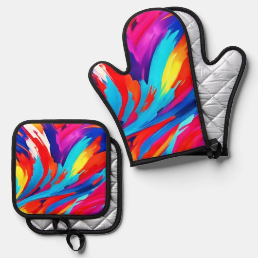 Farbenfrohe Pinselstriche Kunst Ofenhandschuh & Topflappen-Set (Vorderseite/Rückseite)