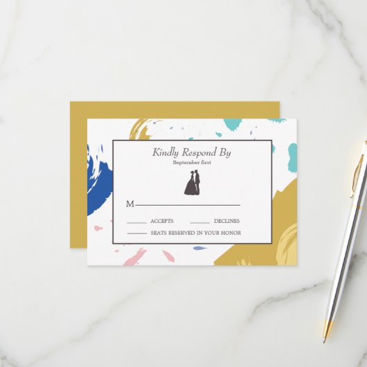 Farbenfrohe Pinselstriche und Silhouette RSVP Karte (Vorderseite/Rückseite Beispiel)