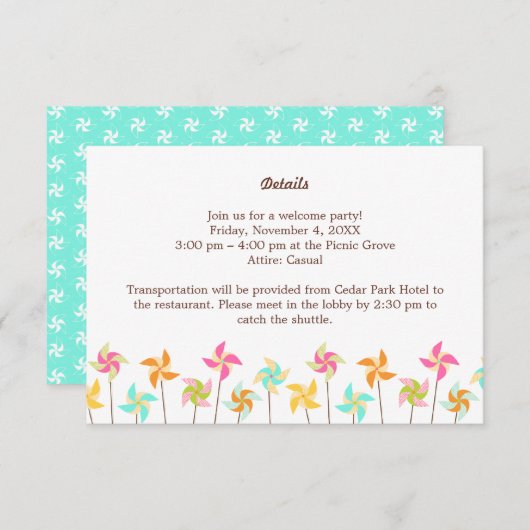 farbenfrohe Pinwheel-Hochzeit Begleitkarte (Vorne/Hinten)