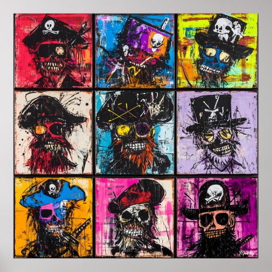 Farbenfrohe Pirate Skull Portraits Kühne Graffiti  Poster (Vorne)