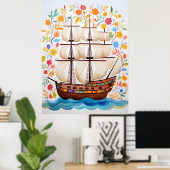 Farbenfrohe Piratenschiff Art Poste Poster (Heimbüro)
