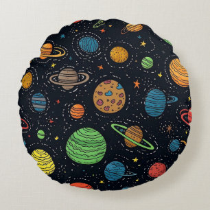 Farbenfrohe Planeten und Sterne Nahtloses Muster Rundes Kissen