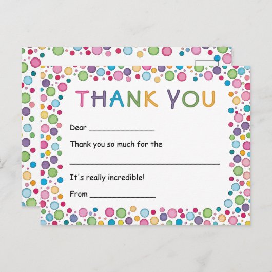 Farbenfrohe Polka Dots Kinder Vielen Dank Postkarte (Vorne/Hinten)