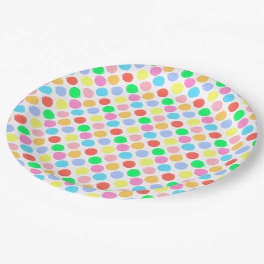 Farbenfrohe Polka Dots Pappteller (Schrägansicht)