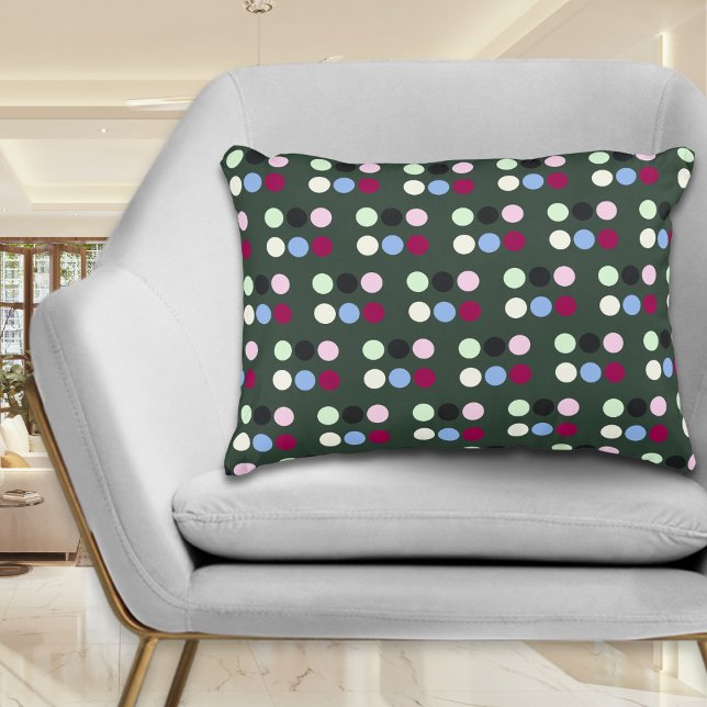 Farbenfrohe Polka Dots Stilvoll modern Dekokissen (A modern and stylish accent pillow, with multicolor polka dots pattern on a dark green background)
