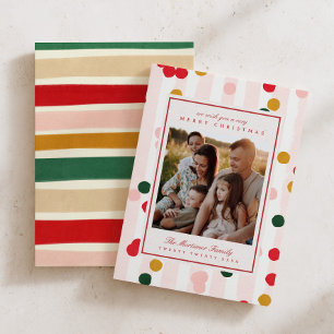 Farbenfrohe Polka-Punkt-Streifen-Familienfoto-Weih Feiertagskarte