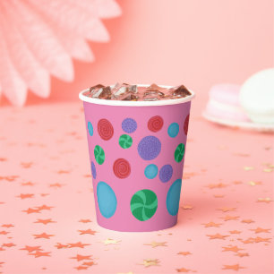 Farbenfrohe Polka-Punkte auf rosa Papiertüten Pappbecher