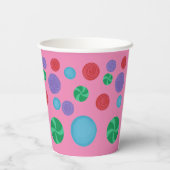 Farbenfrohe Polka-Punkte auf rosa Papiertüten Pappbecher (Rückseite)