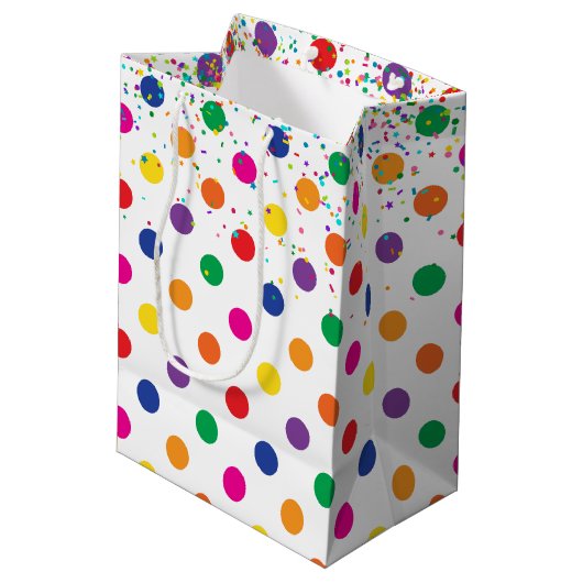 Farbenfrohe Polka Punkte mit Party Confetti Mittlere Geschenktüte (Rückseite Schrägansicht)
