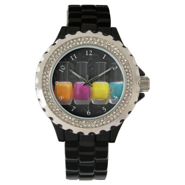 Farbenfrohe polnische Nagelflaschen, Nagelstudio Armbanduhr (Vorderseite)